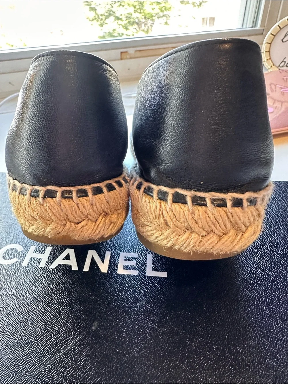 CHANEL Black Leather Espadrille Flats with Interlocked CC